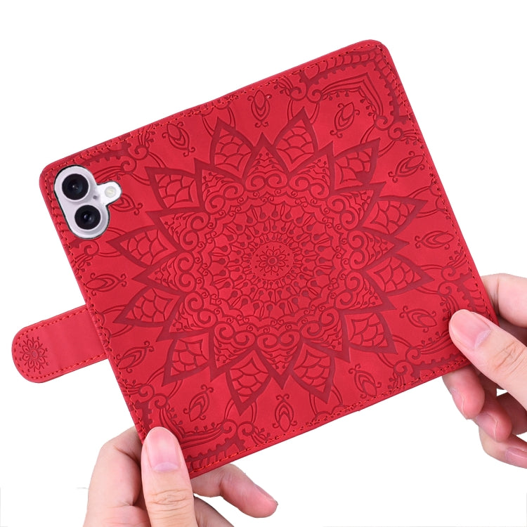 For iPhone 16 Mandala Embossed Dual-Fold Calf Leather Phone Case(Red) - iPhone 16 Cases by buy2fix | Online Shopping UK | buy2fix