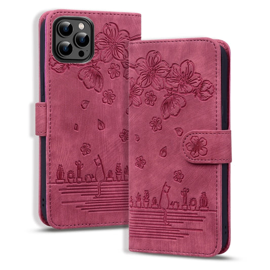 For iPhone 16 Pro Cartoon Sakura Cat Embossed Leather Phone Case(Wine Red) - iPhone 16 Pro Cases by buy2fix | Online Shopping UK | buy2fix