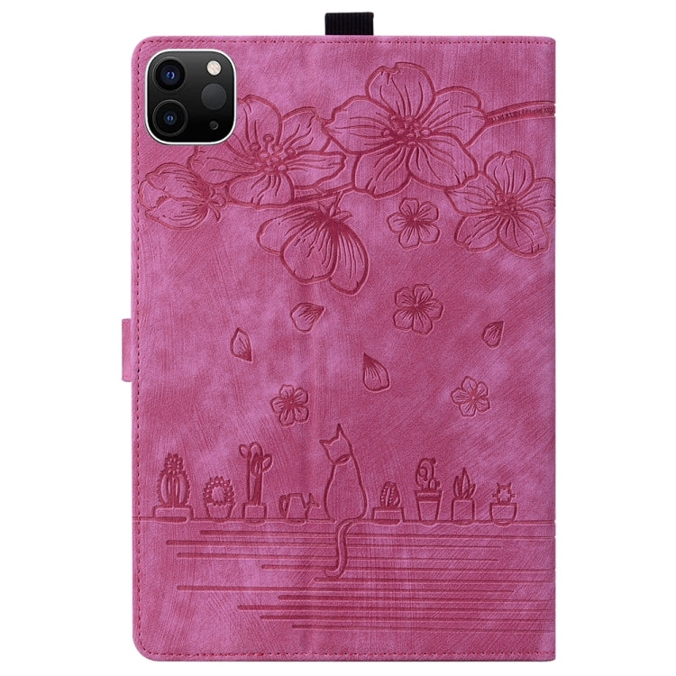 For iPad Pro 13 2024 Cartoon Sakura Cat Embossed Smart Leather Tablet Case(Rose Red) - iPad Pro 13 2024 Cases by buy2fix | Online Shopping UK | buy2fix