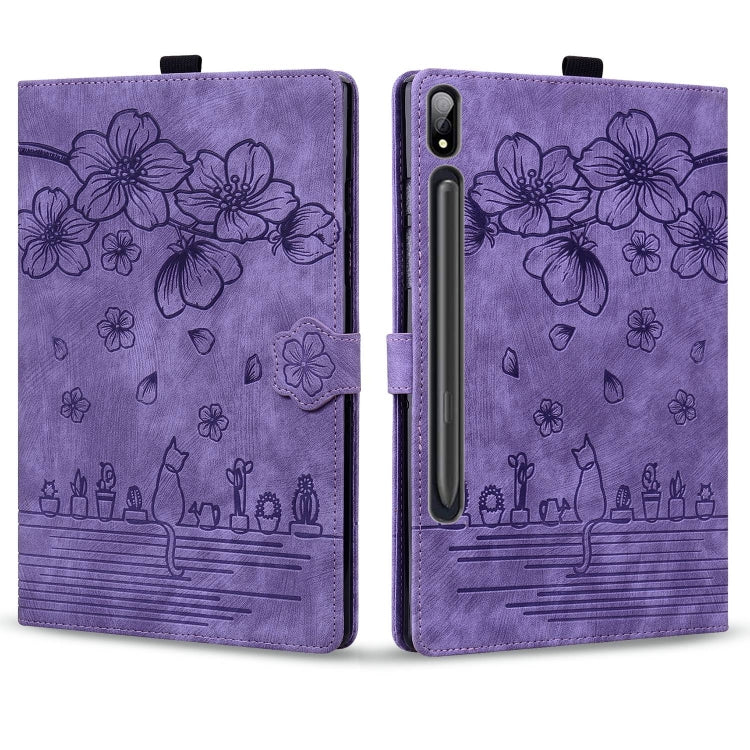 For Samsung Galaxy Tab S9+ /S8+ /S7+ Cartoon Sakura Cat Embossed Smart Leather Tablet Case(Purple) - Galaxy Tab S9+ Cases by buy2fix | Online Shopping UK | buy2fix