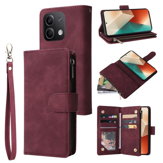 For Xiaomi Redmi Note 13 5G Multifunctional Frosted Zipper Wallet Leather Phone Case(Wine Red) - Note 13 Cases by buy2fix | Online Shopping UK | buy2fix