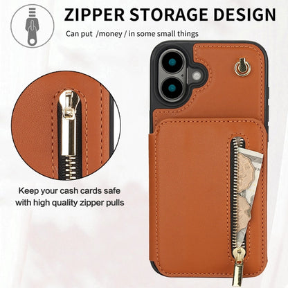 For iPhone 16 Plus YM006 Skin Feel Zipper Card Bag Phone Case with Dual Lanyard(Brown) - iPhone 16 Plus Cases by buy2fix | Online Shopping UK | buy2fix