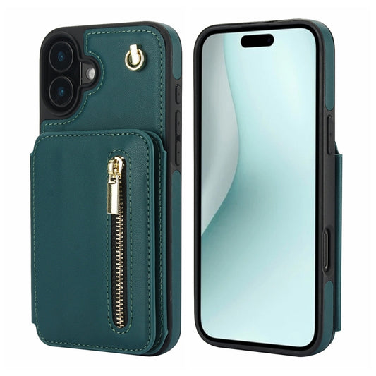 For iPhone 16 Plus YM006 Skin Feel Zipper Card Bag Phone Case with Dual Lanyard(Green) - iPhone 16 Plus Cases by buy2fix | Online Shopping UK | buy2fix