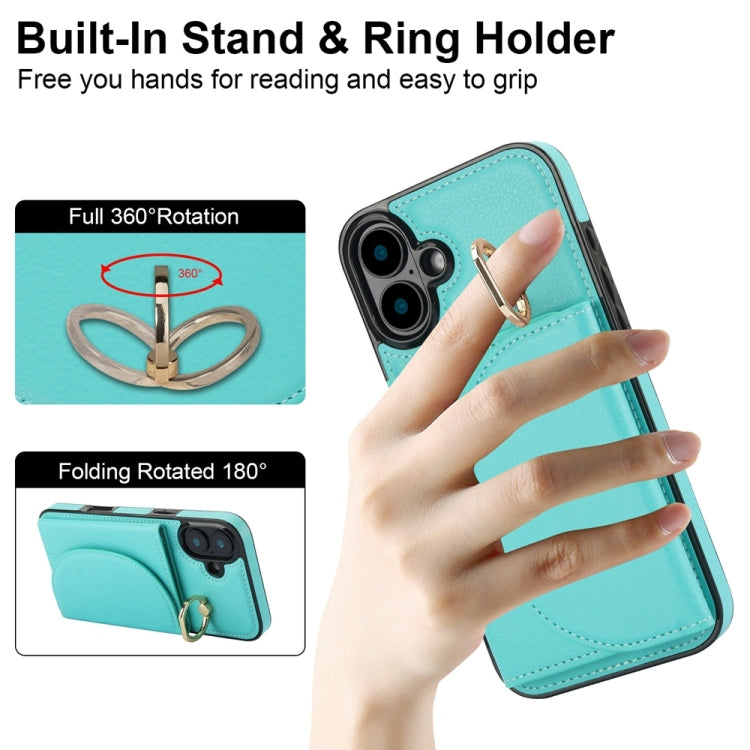 For iPhone 16 Plus YM007 Ring Holder Card Bag Skin Feel Phone Case(Green) - iPhone 16 Plus Cases by buy2fix | Online Shopping UK | buy2fix