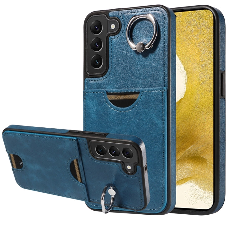For Samsung Galaxy S22+ 5G Calf Texture Card Slot Ring Holder Phone Case(Blue) - Galaxy S22+ 5G Cases by buy2fix | Online Shopping UK | buy2fix