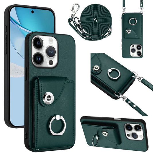 For iPhone 16 Pro Organ Card Bag Ring Holder Phone Case with Long Lanyard(Green) - iPhone 16 Pro Cases by buy2fix | Online Shopping UK | buy2fix