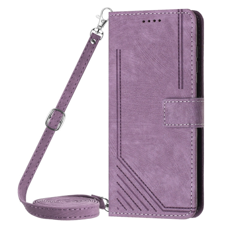 For Motorola Moto G Play 5G 2024 / G 5G 2024 Skin Feel Stripe Pattern Leather Phone Case with Long Lanyard(Purple) - Motorola Cases by buy2fix | Online Shopping UK | buy2fix