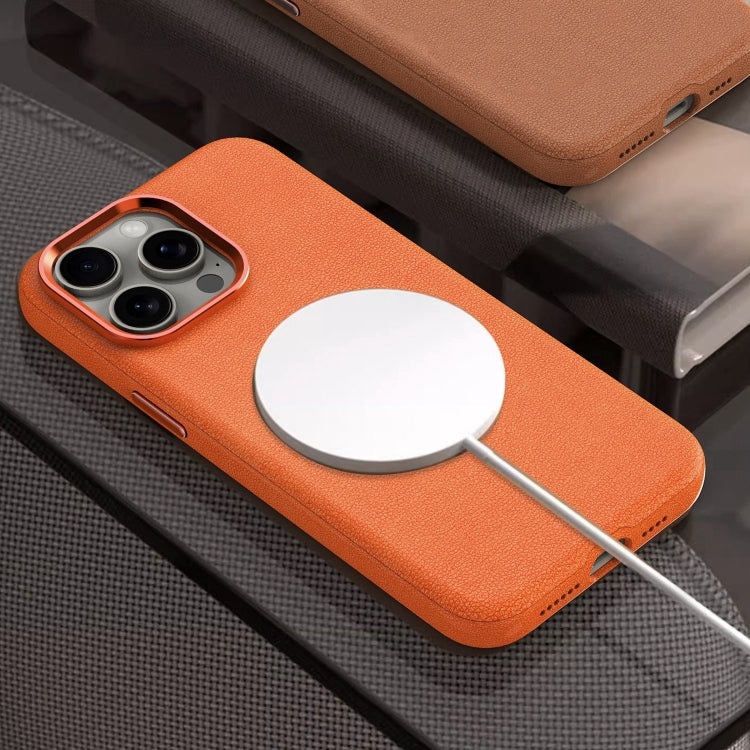 For iPhone 14 Metal Lens Frame Leather Magsafe Full Coverage Shockproof Phone Case(Orange) - iPhone 14 Cases by buy2fix | Online Shopping UK | buy2fix
