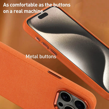 For iPhone 14 Metal Lens Frame Leather Magsafe Full Coverage Shockproof Phone Case(Orange) - iPhone 14 Cases by buy2fix | Online Shopping UK | buy2fix