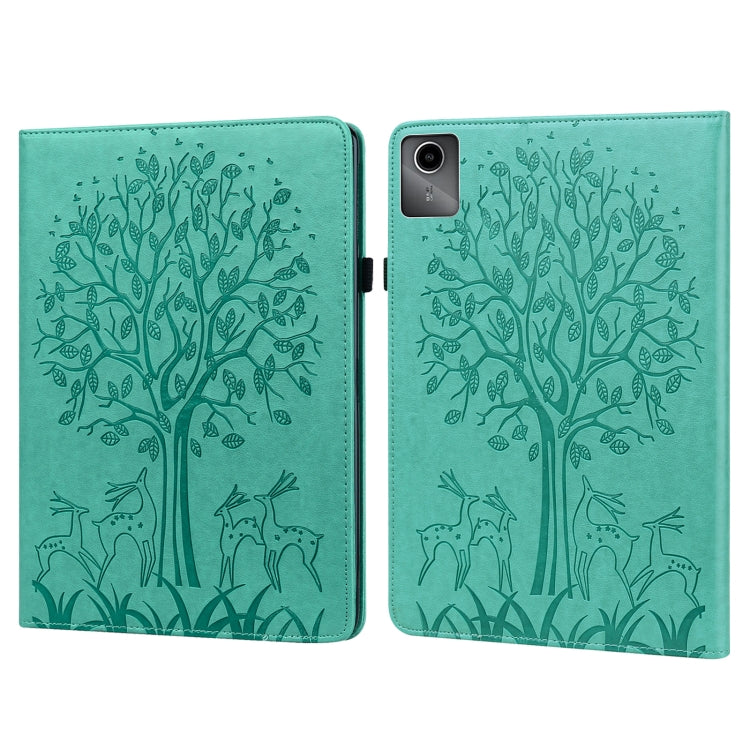 For Lenovo Tab M11 / Xiaoxin Pad 11 2024 Tree & Deer Embossed Leather Tablet Case(Green) - Lenovo by buy2fix | Online Shopping UK | buy2fix