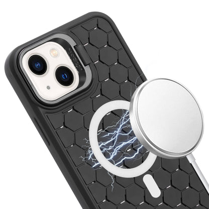 For iPhone 15 Honeycomb Radiating Lens Holder Magsafe Phone Case with Lanyard(Black) - iPhone 15 Cases by buy2fix | Online Shopping UK | buy2fix