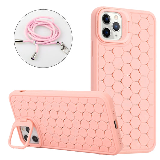 For iPhone 14 Pro Honeycomb Radiating Lens Holder Magsafe Phone Case with Lanyard(Pink) - iPhone 14 Pro Cases by buy2fix | Online Shopping UK | buy2fix