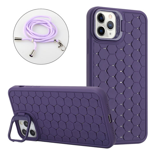 For iPhone 12 Pro Honeycomb Radiating Lens Holder Magsafe Phone Case with Lanyard(Purple) - iPhone 12 / 12 Pro Cases by buy2fix | Online Shopping UK | buy2fix