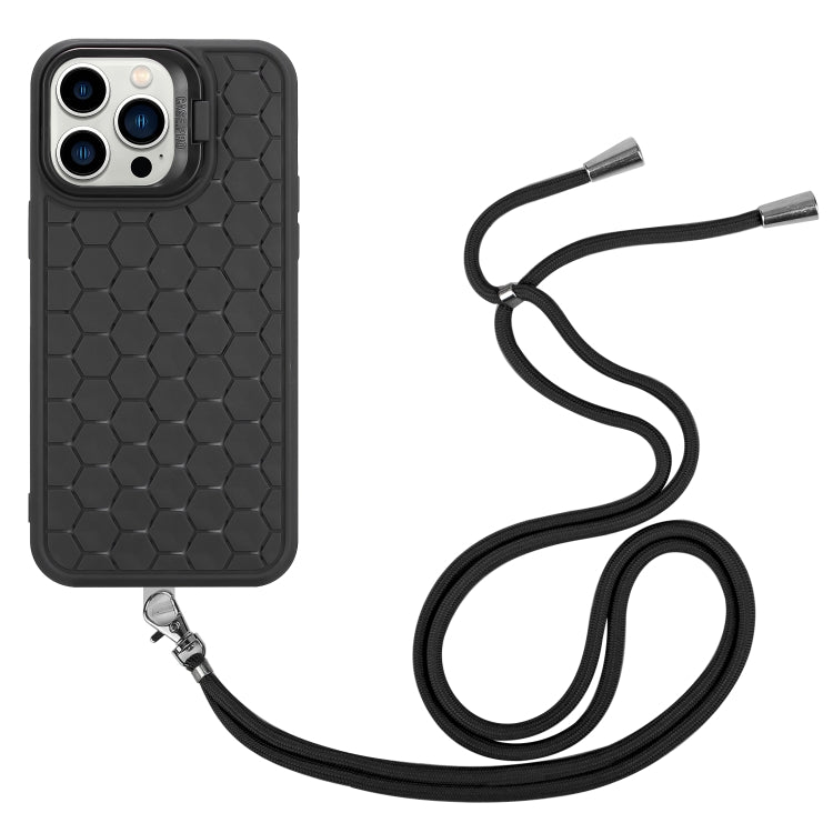 For iPhone 12 Pro Max Honeycomb Radiating Lens Holder Magsafe Phone Case with Lanyard(Black) - iPhone 12 Pro Max Cases by buy2fix | Online Shopping UK | buy2fix