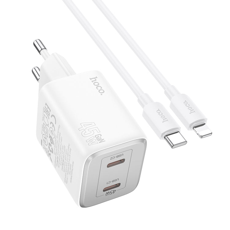 hoco N42 Elogiado PD45W Dual-port Type-C Charger with Type-C to 8 Pin Cable, EU Plug(White) - USB Charger by hoco | Online Shopping UK | buy2fix