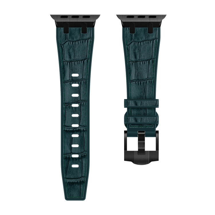 For Apple Watch Series 9 45mm Crocodile Texture Liquid Silicone Watch Band(Black Deep Green) - Watch Bands by buy2fix | Online Shopping UK | buy2fix