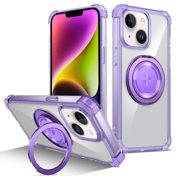 For iPhone 14 Plus Gold Shield CD Pattern MagSafe Magnetic Phone Case with Rotating Stand(Transparent Purple) - iPhone 14 Plus Cases by buy2fix | Online Shopping UK | buy2fix