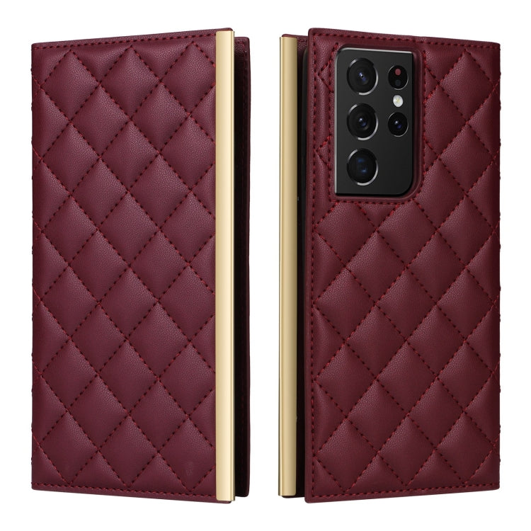 For Samsung Galaxy S21 Ultra 5G Crossbody Rhombic Sucker Leather Phone Case(Claret) - Galaxy S21 Ultra 5G Cases by buy2fix | Online Shopping UK | buy2fix