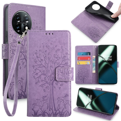 For OnePlus 11 Tree & Deer Embossed Leather Phone Case(Purple) - OnePlus Cases by buy2fix | Online Shopping UK | buy2fix