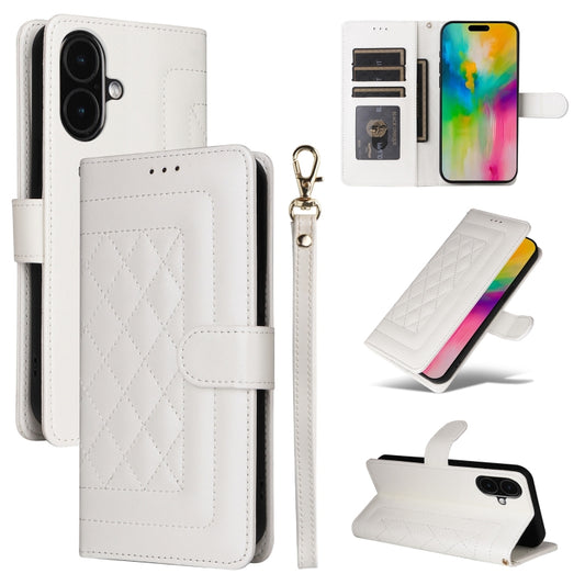 For iPhone 16 Plus Diamond Lattice Leather Flip Phone Case(White) - iPhone 16 Plus Cases by buy2fix | Online Shopping UK | buy2fix