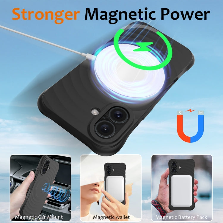 For iPhone 16 Wave Texture MagSafe Magnetic Liquid Silicone Phone Case(Black) - iPhone 16 Cases by buy2fix | Online Shopping UK | buy2fix