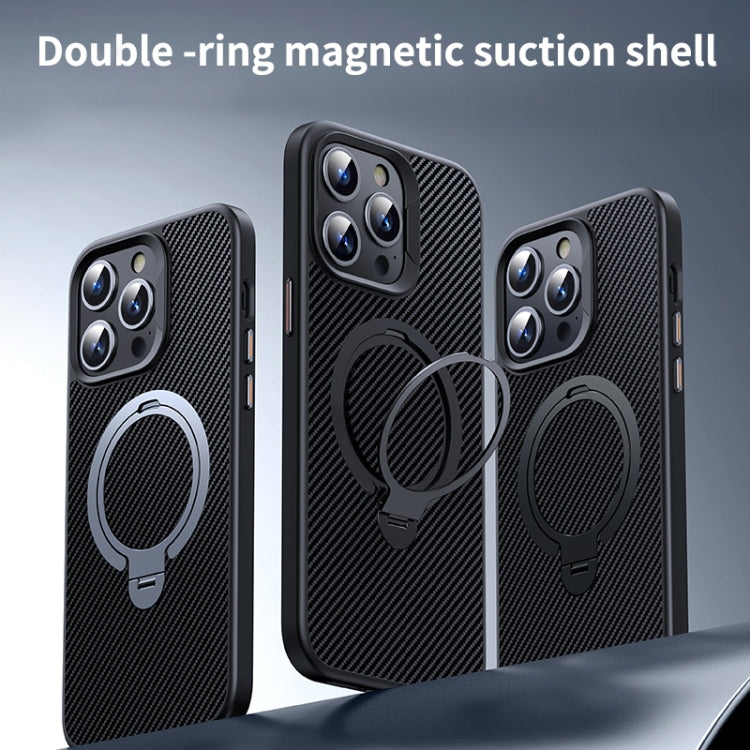 For iPhone 14 Pro Max Double Ring MagSafe Holder Carbon Fiber Phone Case(Silver) - iPhone 14 Pro Max Cases by buy2fix | Online Shopping UK | buy2fix