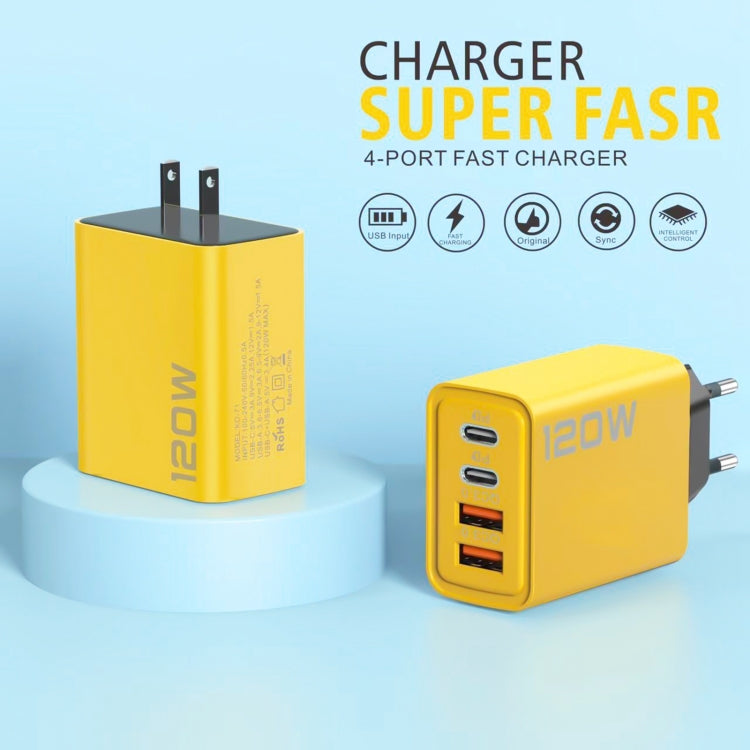 KO-71 120W Dual PD Type-C + Dual QC3.0 USB Multi Ports Charger, Plug:EU Plug(Yellow) - USB Charger by buy2fix | Online Shopping UK | buy2fix