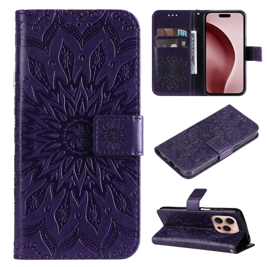 For iPhone 16 Pro Embossed Sunflower Pattern Flip Leather Phone Case(Purple) - iPhone 16 Pro Cases by buy2fix | Online Shopping UK | buy2fix