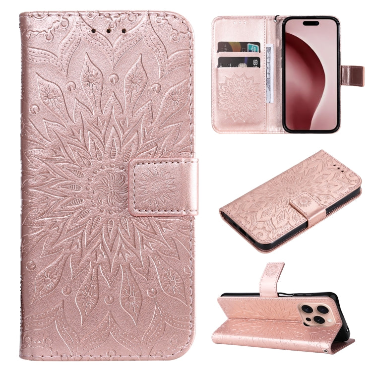 For iPhone 16 Pro Embossed Sunflower Pattern Flip Leather Phone Case(Rose Gold) - iPhone 16 Pro Cases by buy2fix | Online Shopping UK | buy2fix