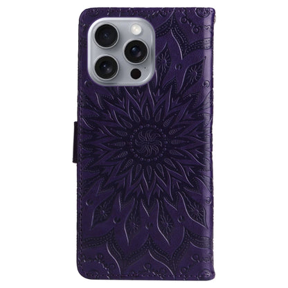 For iPhone 16 Pro Max Embossed Sunflower Pattern Flip Leather Phone Case(Purple) - iPhone 16 Pro Max Cases by buy2fix | Online Shopping UK | buy2fix