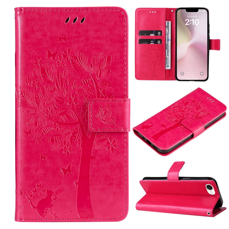 For iPhone SE 2024 Tree & Cat Embossed Pattern Flip Leather Phone Case(Rose Red) - More iPhone Cases by buy2fix | Online Shopping UK | buy2fix