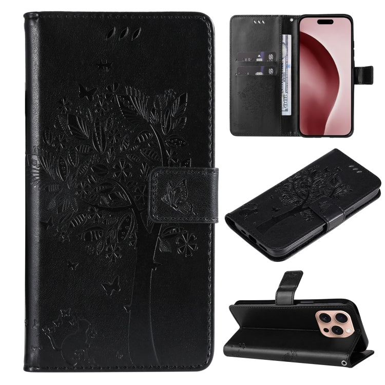 For iPhone 16 Pro Tree & Cat Embossed Pattern Flip Leather Phone Case(Black) - iPhone 16 Pro Cases by buy2fix | Online Shopping UK | buy2fix