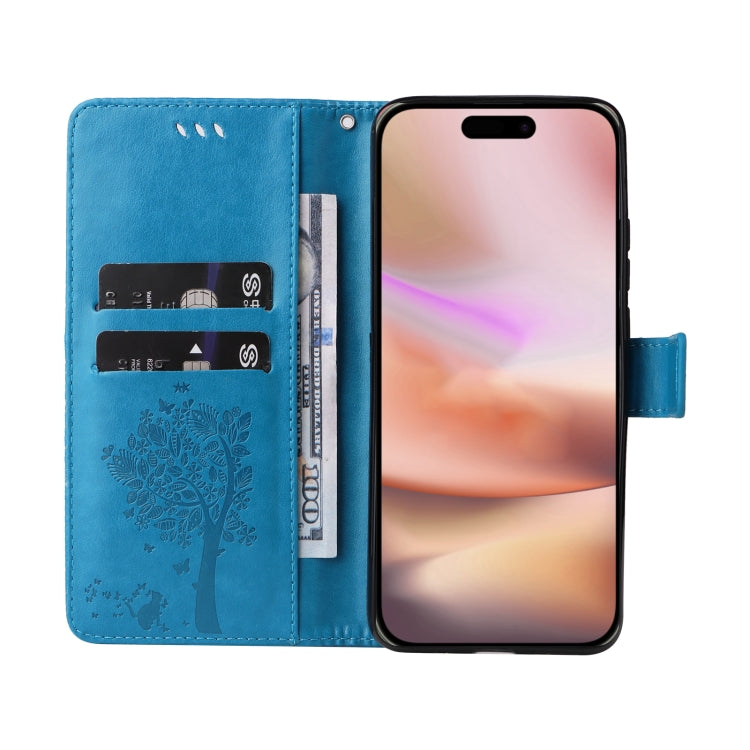 For iPhone 16 Plus Tree & Cat Embossed Pattern Flip Leather Phone Case(Blue) - iPhone 16 Plus Cases by buy2fix | Online Shopping UK | buy2fix