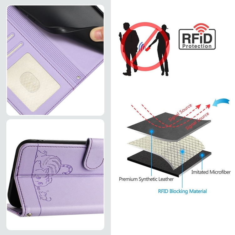 For OPPO Find X7 Ultra Cat Rat Embossed Pattern RFID Leather Phone Case with Lanyard(Purple) - Find X7 Ultra Cases by buy2fix | Online Shopping UK | buy2fix