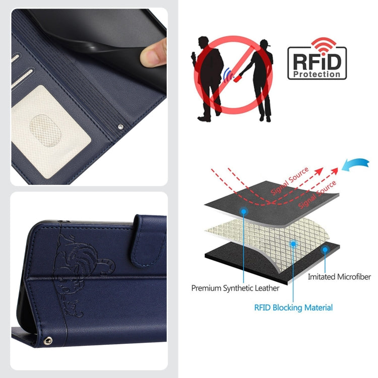 For OPPO Reno11 Pro 5G Global Cat Rat Embossed Pattern RFID Leather Phone Case with Lanyard(Blue) - Reno11 Pro Cases by buy2fix | Online Shopping UK | buy2fix
