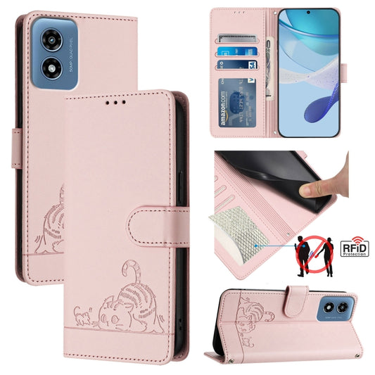 For Motorola Moto G 5G 2024 Global Cat Rat Embossed Pattern RFID Leather Phone Case with Lanyard(Pink) - Motorola Cases by buy2fix | Online Shopping UK | buy2fix