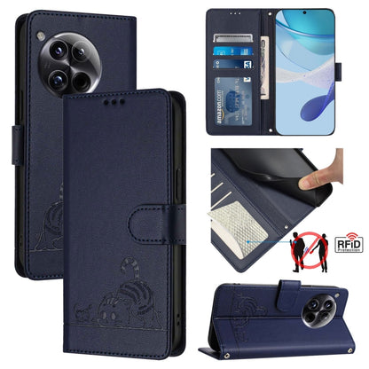 For OnePlus 12 5G Global Cat Rat Embossed Pattern RFID Leather Phone Case with Lanyard(Blue) - OnePlus Cases by buy2fix | Online Shopping UK | buy2fix