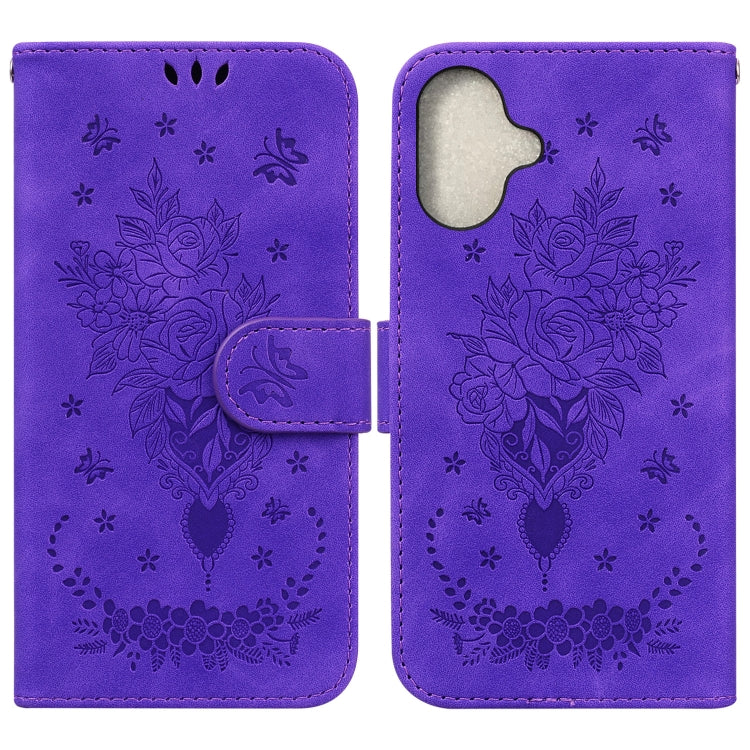 For iPhone 16 Plus Butterfly Rose Embossed Leather Phone Case(Purple) - iPhone 16 Plus Cases by buy2fix | Online Shopping UK | buy2fix