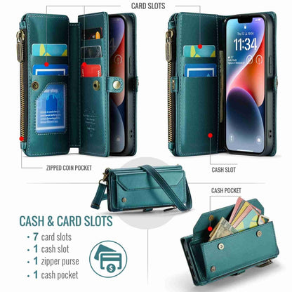 For iPhone 14 CaseMe C36 Card Slots Zipper Wallet RFID Anti-theft Leather Phone Case(Blue-green) - iPhone 14 Cases by CaseMe | Online Shopping UK | buy2fix