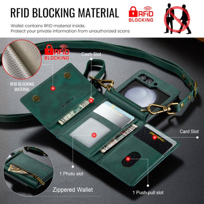 For Samsung Galaxy Z Flip5 5G DG.MING M5 Series Zip RFID Multi Card Detachable Leather Phone Case with Long Lanyard(Green) - Galaxy Z Flip5 Cases by DG.MING | Online Shopping UK | buy2fix