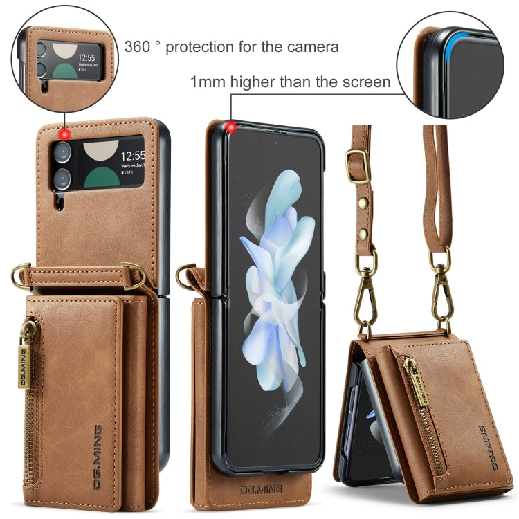 For Samsung Galaxy Z Flip4 5G DG.MING M5 Series Zip RFID Multi Card Detachable Leather Phone Case with Long Lanyard(Brown) - Galaxy Z Flip4 5G Cases by DG.MING | Online Shopping UK | buy2fix