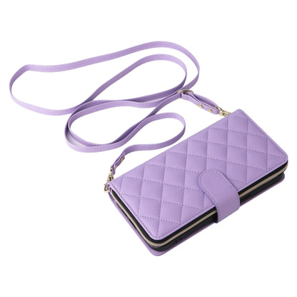 For iPhone 16 Pro Max Crossbody Rhombic Zipper Tower Buckle Leather Phone Case with Lanyard(Purple) - iPhone 16 Pro Max Cases by buy2fix | Online Shopping UK | buy2fix