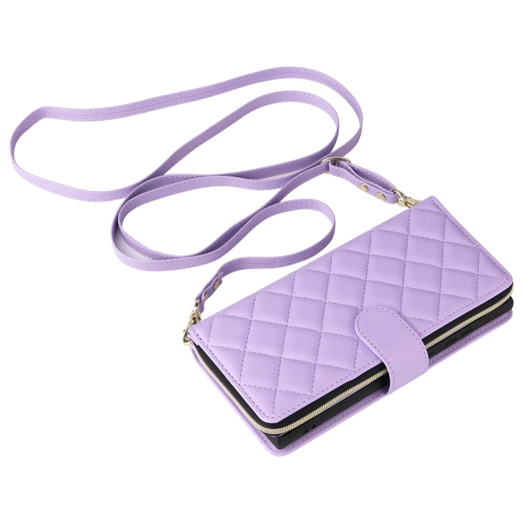 For Samsung Galaxy S25 Ultra 5G Crossbody Rhombic Zipper Tower Buckle Leather Phone Case with Lanyard(Purple) - Galaxy S25 Ultra 5G Cases by buy2fix | Online Shopping UK | buy2fix