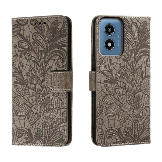 For Motorola Moto G Play 2024 Lace Flower Embossing Flip Leather Phone Case(Grey) - Motorola Cases by buy2fix | Online Shopping UK | buy2fix