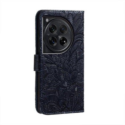 For OnePlus 12 Lace Flower Embossing Flip Leather Phone Case(Dark Blue) - OnePlus Cases by buy2fix | Online Shopping UK | buy2fix