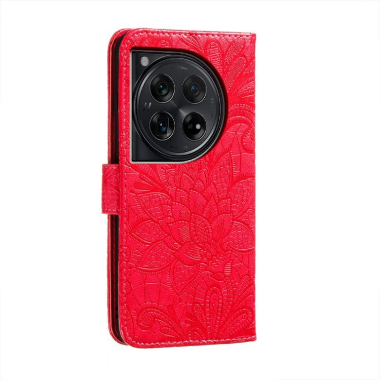 For OnePlus 12 Lace Flower Embossing Flip Leather Phone Case(Red) - OnePlus Cases by buy2fix | Online Shopping UK | buy2fix