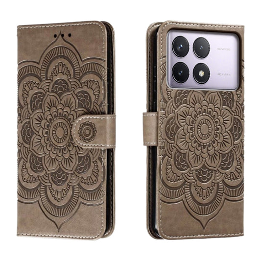 For Xiaomi Redmi K70 Sun Mandala Embossing Pattern Phone Leather Case(Grey) - K70 Cases by buy2fix | Online Shopping UK | buy2fix