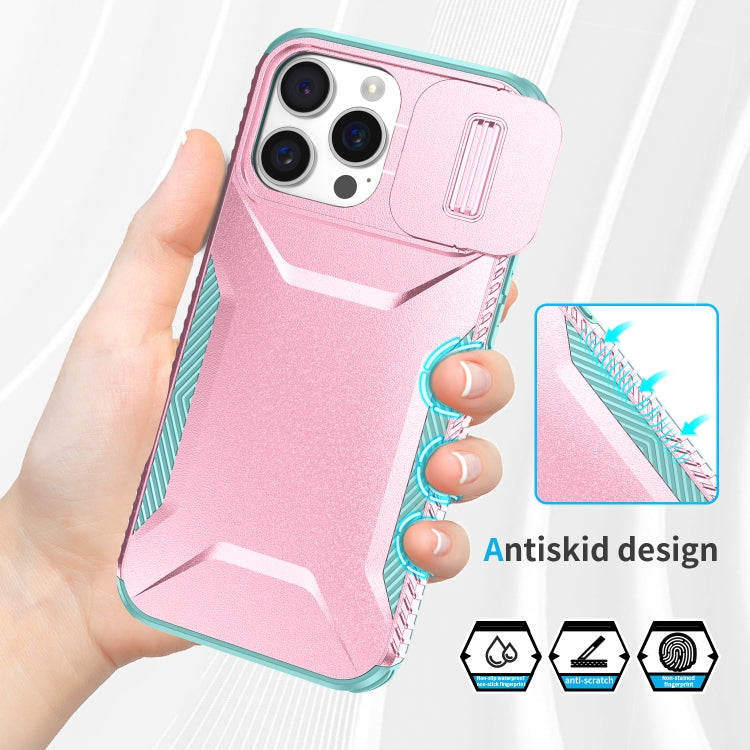 For iPhone 16 Pro Max Sliding Camshield Phone Case(Pink + Grey Green) - iPhone 16 Pro Max Cases by buy2fix | Online Shopping UK | buy2fix