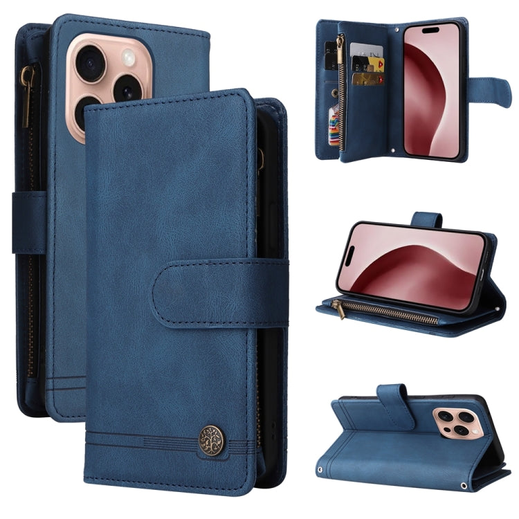 For iPhone 16 Pro Skin Feel Multi-Card Wallet Zipper Leather Phone Case(Blue) - iPhone 16 Pro Cases by buy2fix | Online Shopping UK | buy2fix