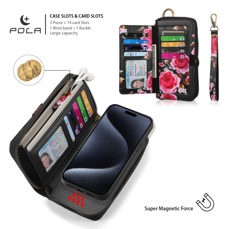 For iPhone 15 Pro Max POLA MagSafe Flower Multi-functional Zipper Wallet Leather Phone Case(Black) - iPhone 15 Pro Max Cases by buy2fix | Online Shopping UK | buy2fix